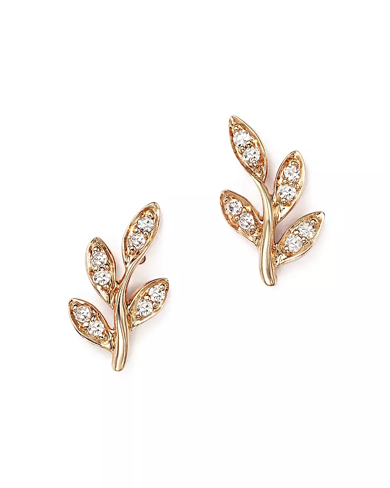 Diamond Leaf Stud Earrings in 14K Rose Gold, .10 tcw
