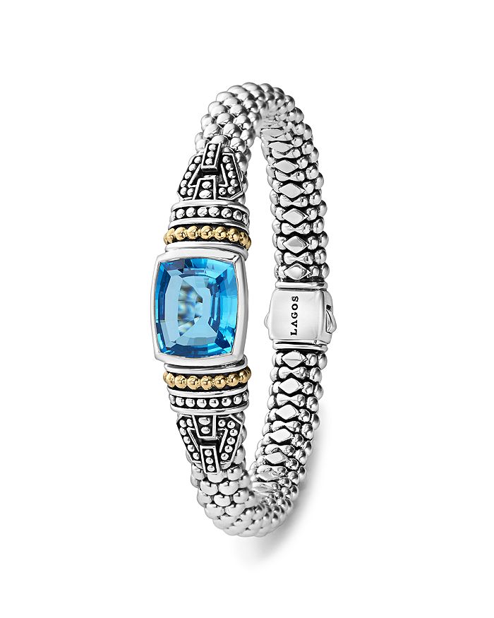 Lagos 18k Gold And Sterling Silver Caviar Color Bracelet With Swiss Blue Topaz In Swiss Blue Topaz