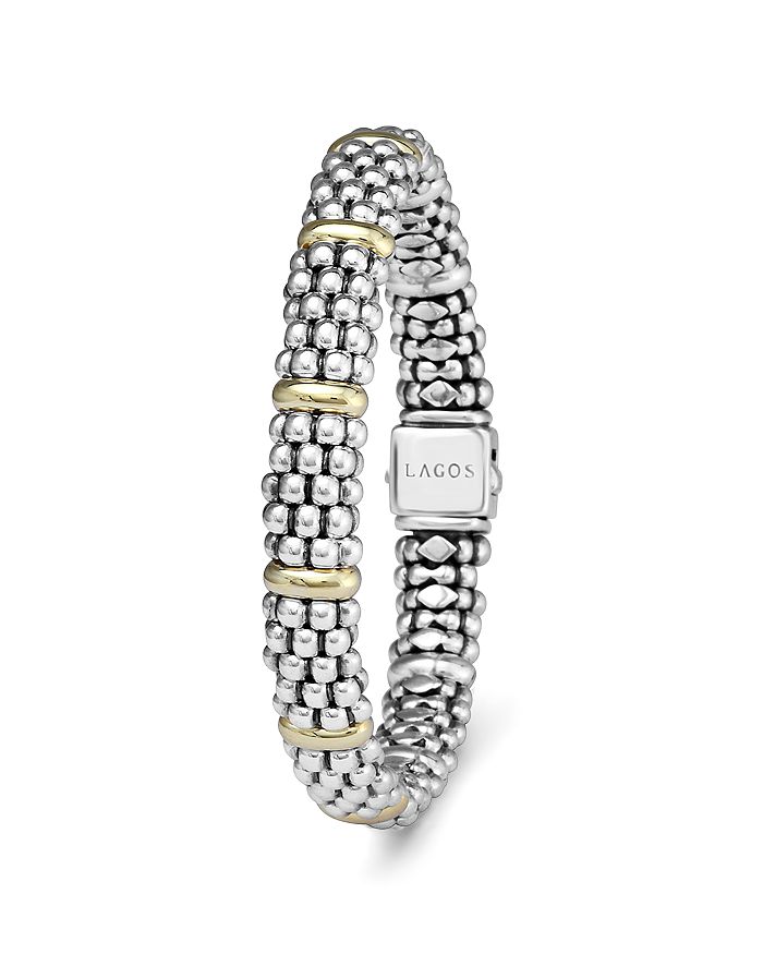 Shop Lagos Sterling Silver & 18k Yellow Gold Caviar Beaded Oval Bracelet In Silver/gold