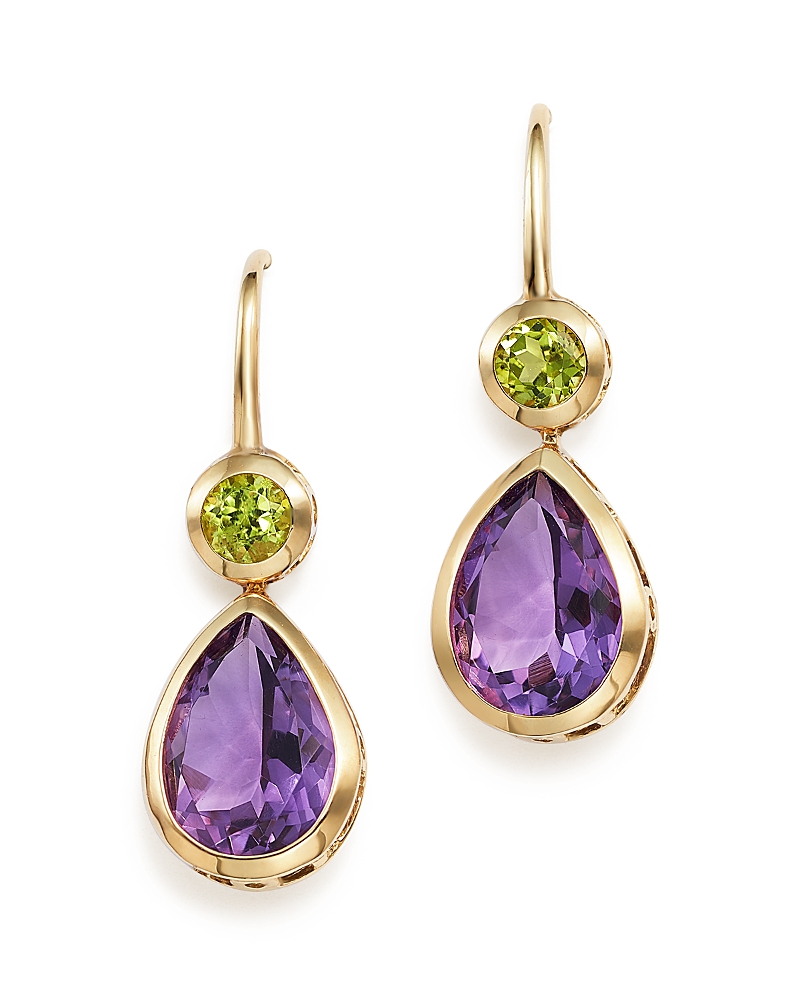 Amethyst and Peridot Drop Earrings in 14K Yellow Gold