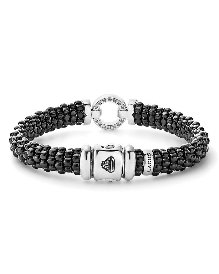 Shop Lagos Black Caviar Ceramic Bracelet With Sterling Silver And Diamonds In White/black