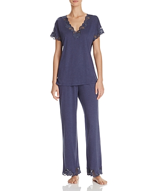 Shop Natori Zen Floral Lace-trim Short Sleeve Pajama Set In Heather Navy Blue