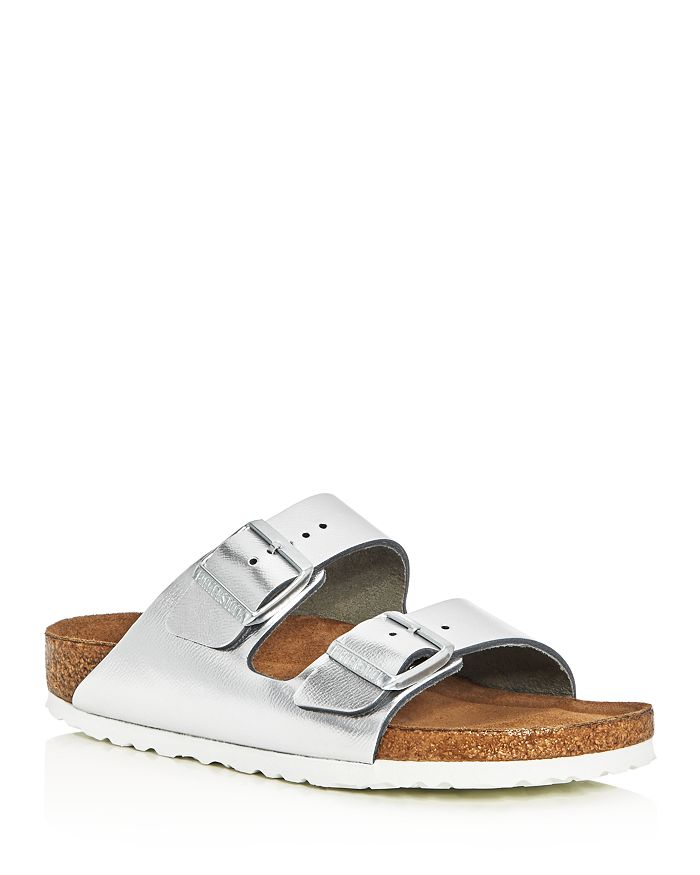 Birkenstock Arizona Soft Footbed Natural Leather Slide In Metallic Silver In Silver Leather