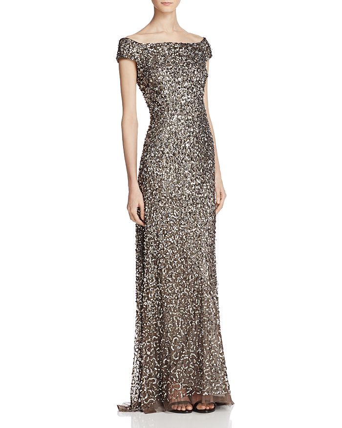Adrianna Papell Off-the-shoulder Sequined Gown In Lead