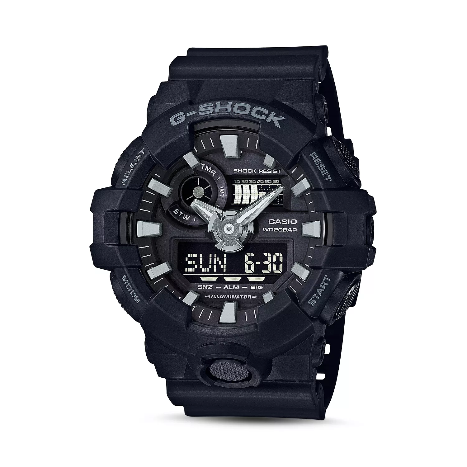 G-Shock Front Button Watch with oversized black case, black dial, and resin strap