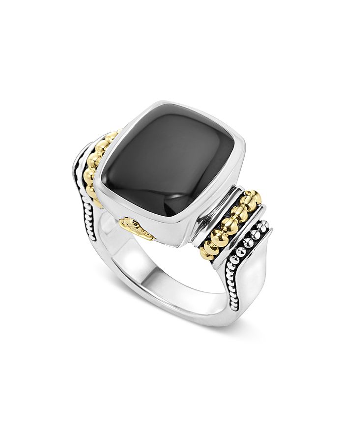 LAGOS 18K GOLD AND STERLING SILVER MEDIUM ONYX RING,02-80562-OXX7