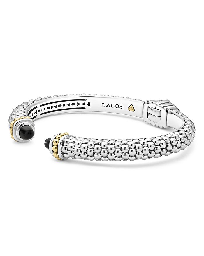 Shop Lagos 18k Gold And Sterling Silver Caviar Color Onyx Cuff, 8mm In Black/silver