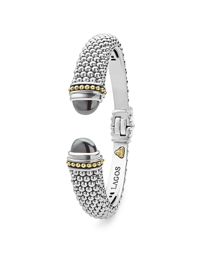 Shop Lagos 18k Gold And Sterling Silver Caviar Color Hematite Cuff Bracelet, 12mm In Dark Gray/silver