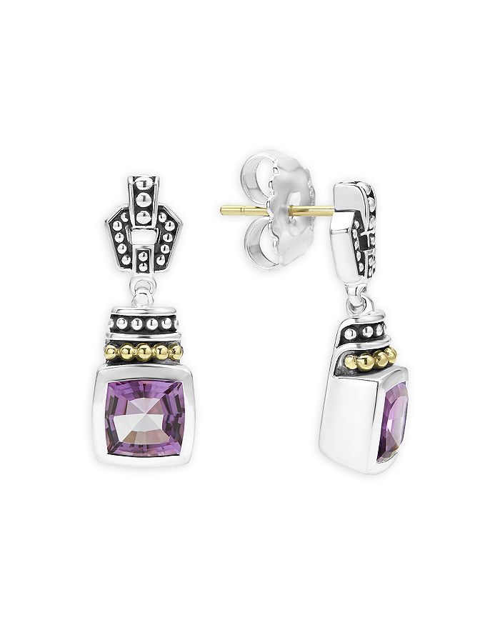 LAGOS 18K GOLD & STERLING SILVER CAVIAR COLOR AMETHYST DROP EARRINGS,01-81514-A