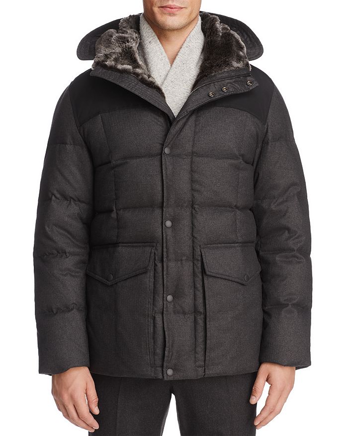 Shop Cole Haan Flannel Down Hooded Jacket In Charcoal