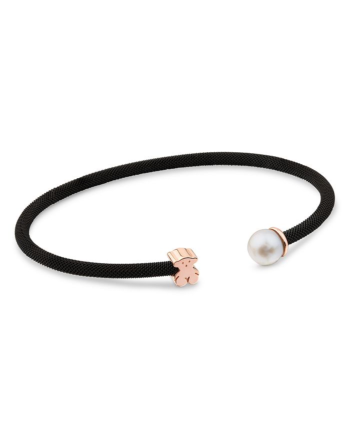 Tous Cultured Freshwater Pearl & Bear Open Mesh Cuff In Black White And Gold