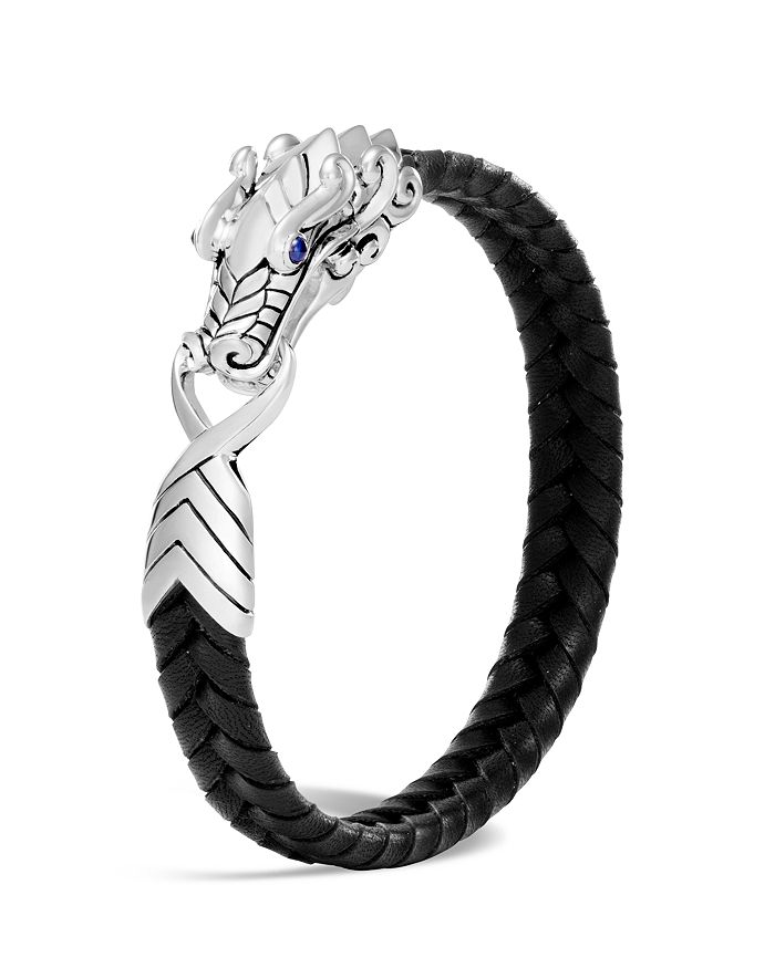Men's Sterling Silver Legends Naga Bracelet with Braided Black Leather and  Sapphire Eyes