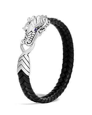 John Hardy Men's Sterling Silver Legends Naga Bracelet with Braided Black Leather and Sapphire Eyes