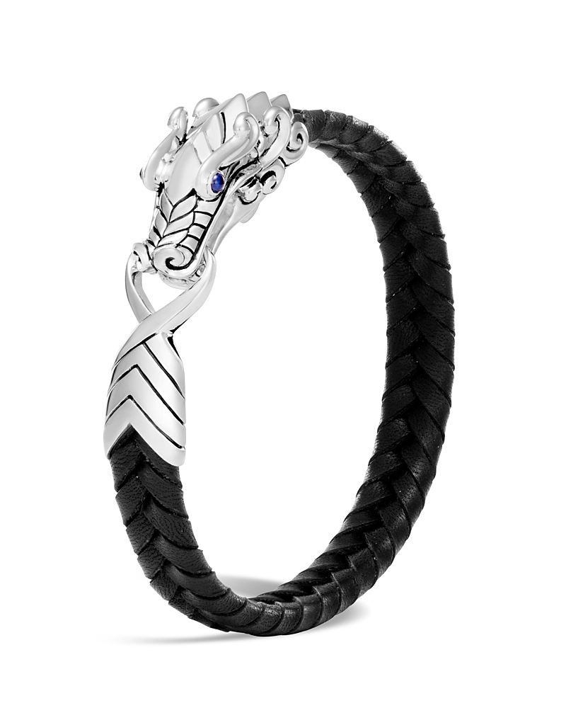 JOHN HARDY MEN'S STERLING SILVER LEGENDS NAGA BRACELET WITH BRAIDED BLACK LEATHER AND SAPPHIRE EYES BMS6511522BLBSPXS