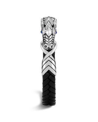 Men's Sterling Silver Legends Naga Bracelet with Braided Black Leather and Sapphire Eyes