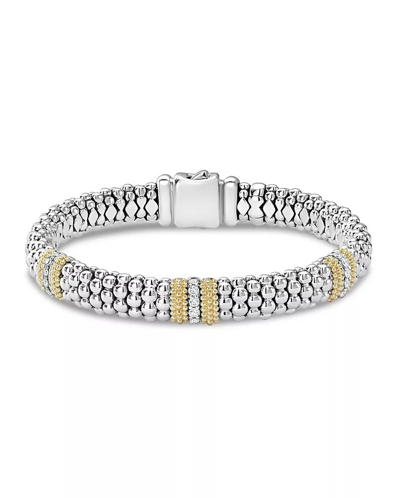 Lagos 18K Gold & Sterling Silver Diamond Lux Three Station Bracelet, 9mm