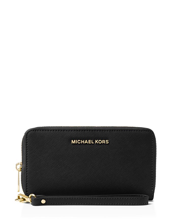 Shop Michael Michael Kors Multi-function Flat Large Saffiano Leather Smartphone Wristlet In Black/gold