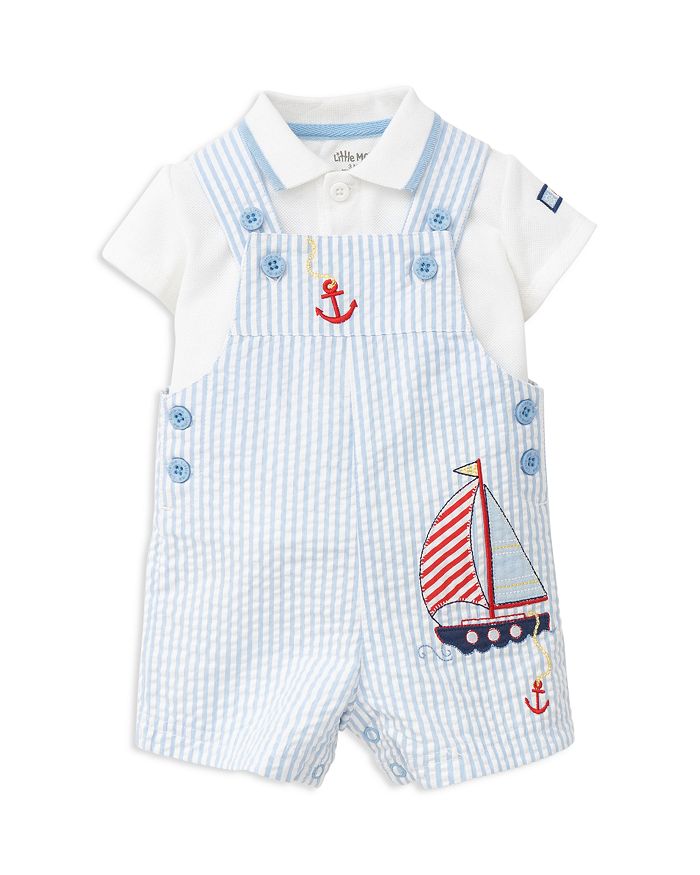 Little Me Boys Polo Shirt Seersucker Sailboat Overalls Set