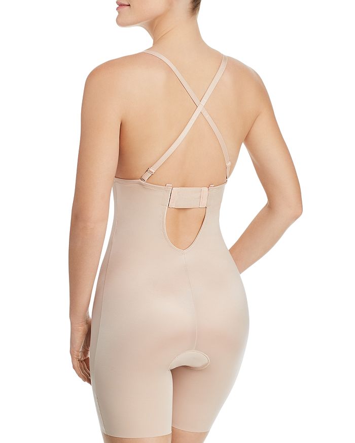 Shop Spanx Suit Your Fancy Plunge Low-back Mid-thigh Bodysuit In Champagne Beige