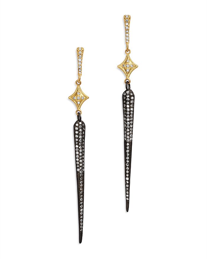 ARMENTA BLACKENED STERLING SILVER & 18K YELLOW GOLD OLD WORLD LONG CRIVELLI PAVE CHAMPAGNE DIAMOND SPIKE EAR,13632