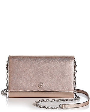Shop Tory Burch Robinson Leather Chain Wallet In Light Rose Gold/silver