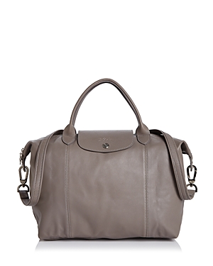 Longchamp Medium 'le Pliage Cuir' Leather Top Handle Tote - Grey In Pebble/silver