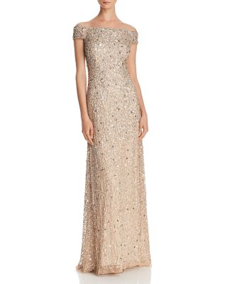 adrianna papell off the shoulder sequin gown