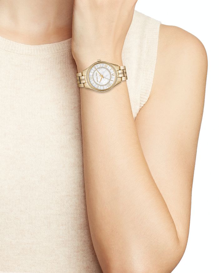 Shop Michael Kors Mini Lauryn Pave Watch, 33mm X 39mm In White/silver