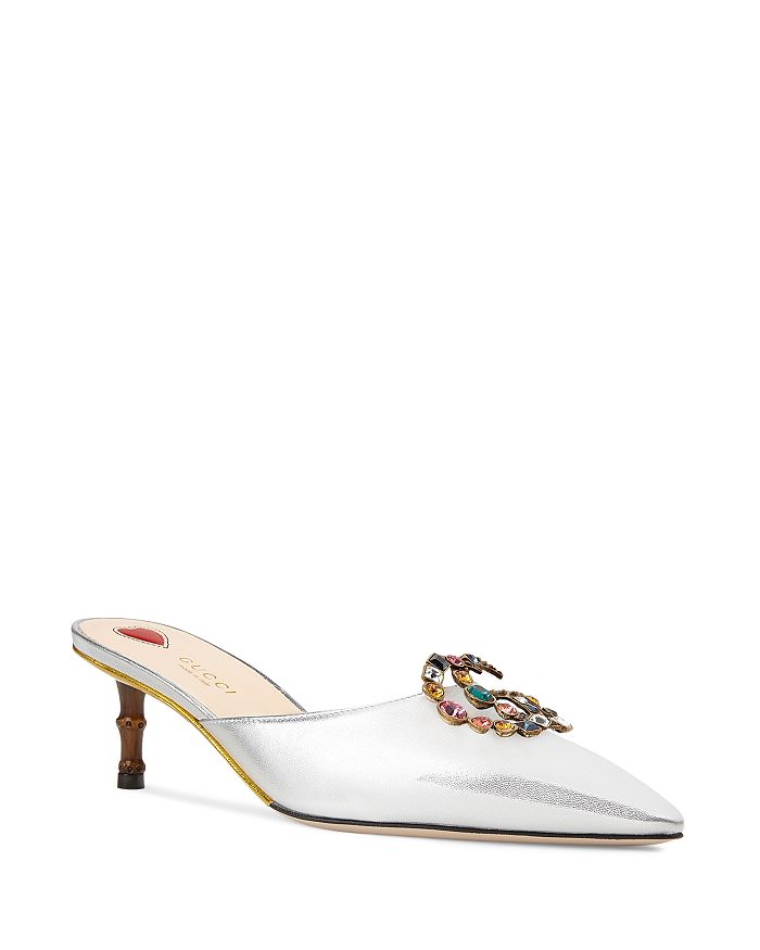 Gucci Women's Crystal Double G Mules In Argento Leather