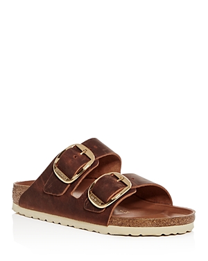 Birkenstock Women's Arizona Big Buckle Slide Sandals In Cognac Brown Leather/gold