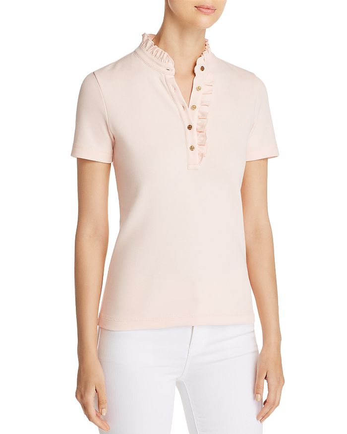 Tory Burch Emily Ruffled Pique Polo Shirt In Ballet Pink ModeSens