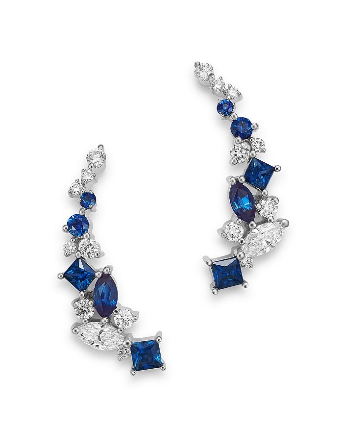 Bloomingdale's Diamond And Blue Sapphire Climber Earrings In 14k White Gold - 100% Exclusive In Blue/white