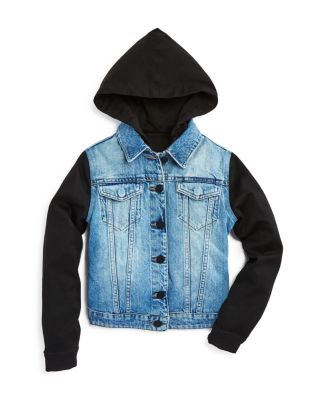 denim jacket with knit sleeves and hood