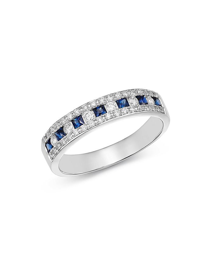 Bloomingdale's Diamond & Blue Sapphire Three Row Band Ring In 14k White Gold - 100% Exclusive In Blue/white