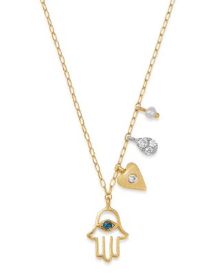 Meira T - 14K Yellow Gold & 14K White Gold Diamond & Cultured Freshwater Seed Pearl Hamsa & Heart Charm Adjustable Pendant Necklace, 18"