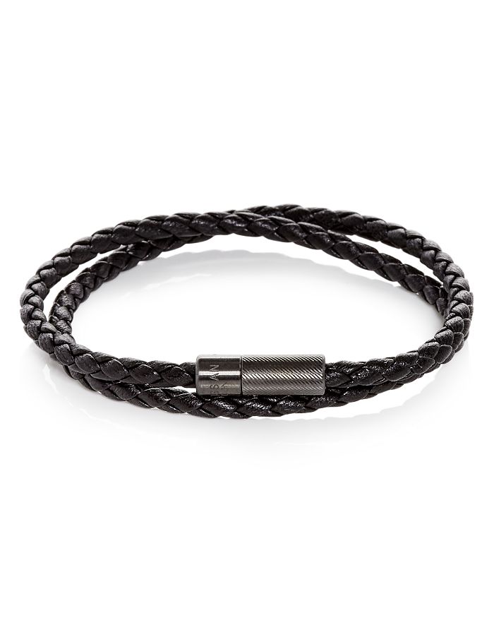 Shop Tateossian Double Wrap Woven Leather Bracelet In Black
