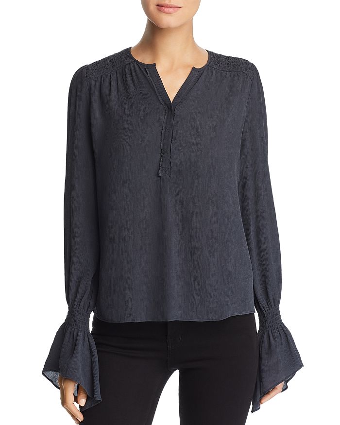 Go By Go Silk Crinkled Bell Sleeve Blouse In Washed Black