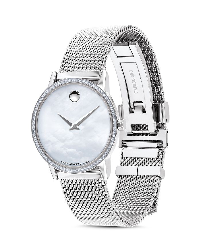 Shop Movado Museum Classic Diamond Silver-tone Watch, 28mm In White/silver