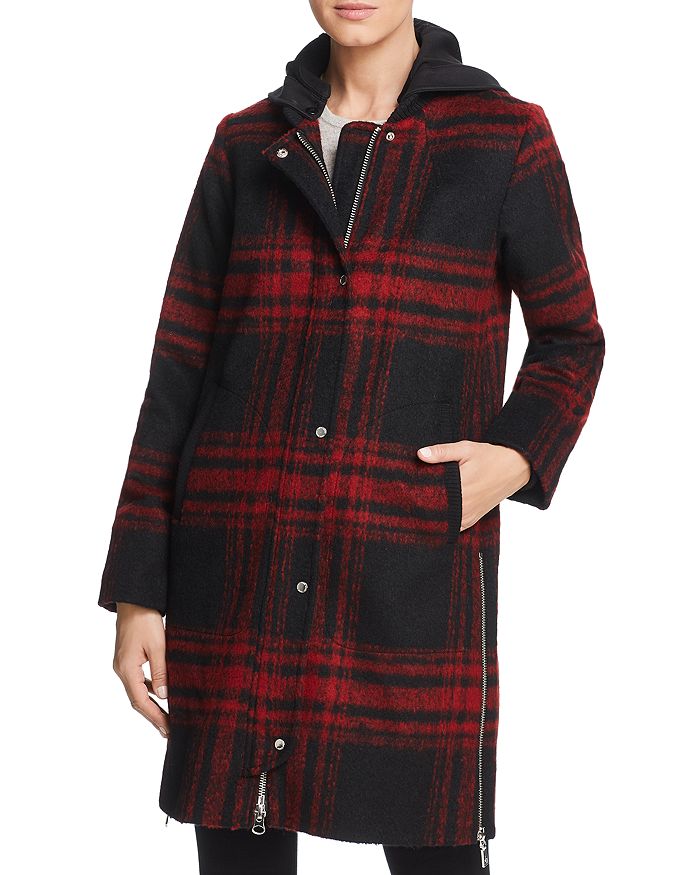 Vince Camuto Hooded Plaid Coat In Red Plaid