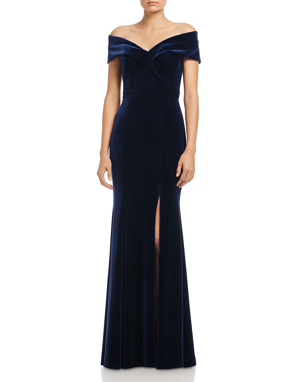 Aqua Off-the-Shoulder Fluted Velvet Gown - Exclusive