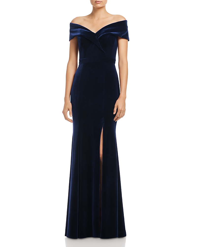 Aqua Off-the-Shoulder Fluted Velvet Gown - Exclusive