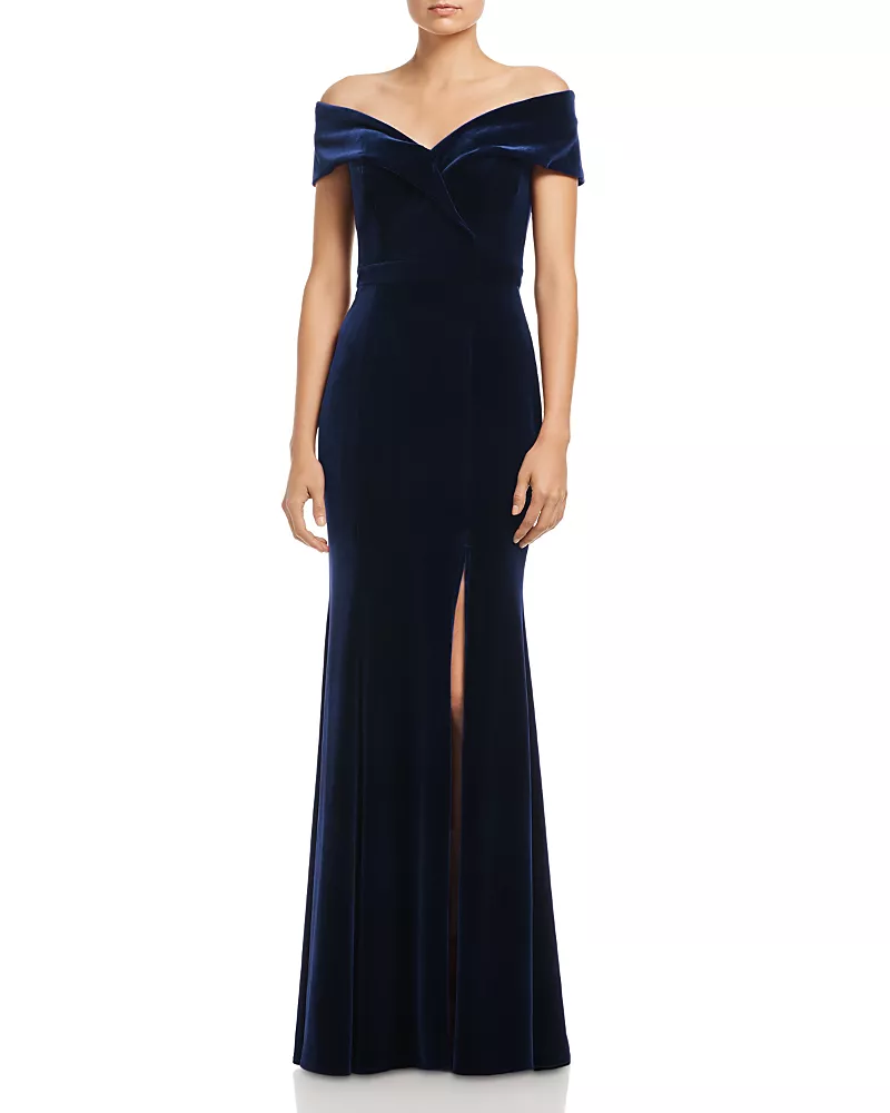 Aqua Off-the-Shoulder Fluted Velvet Gown - Exclusive