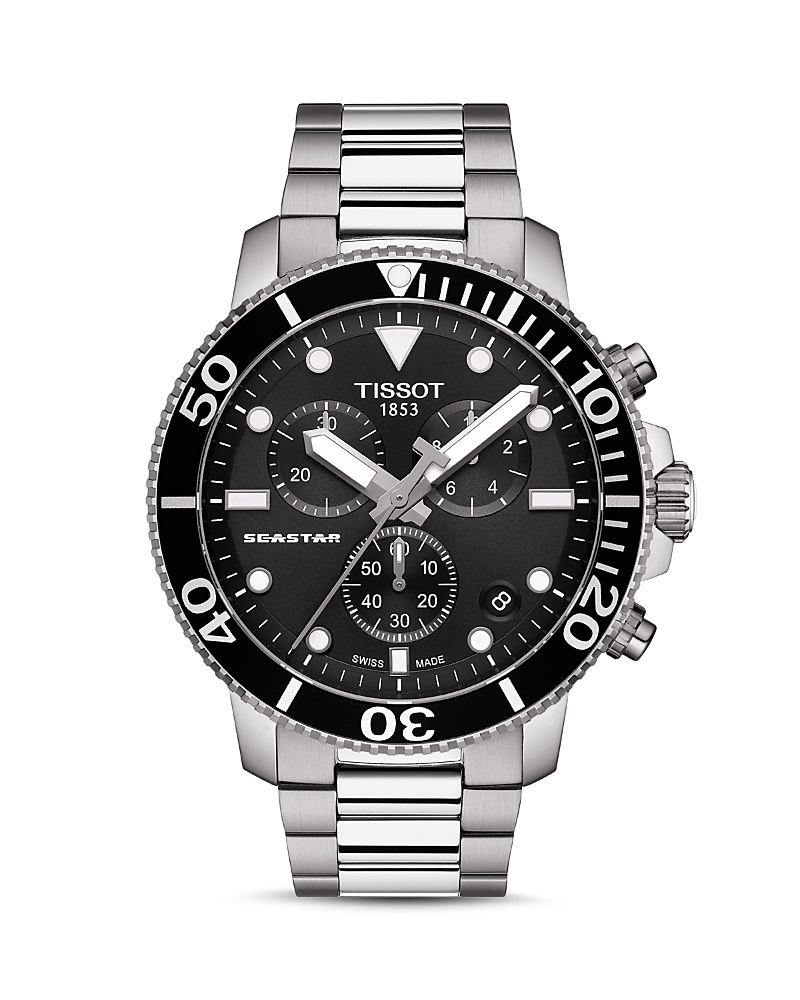 Tissot Men's Swiss Chronograph Seastar 1000 Stainless Steel Bracelet Diver Watch 45.5mm In Black/silver