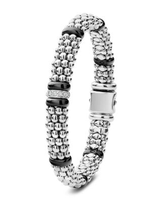 Sterling Silver Black Caviar Rope Bracelet with Diamonds & Black Ceramic