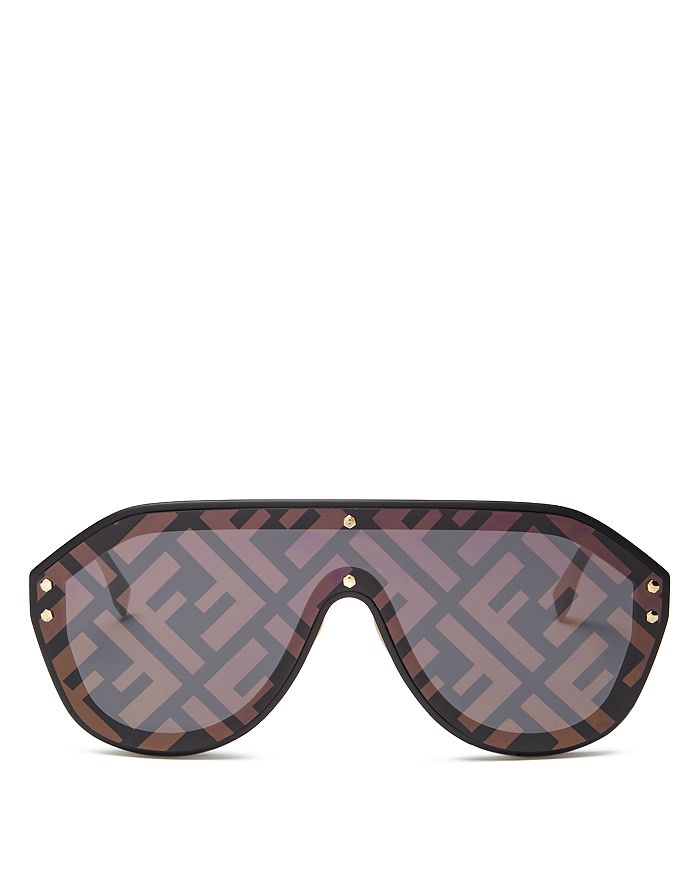 Fendi Unisex Logo Print Shield Sunglasses 99mm In Black/gold