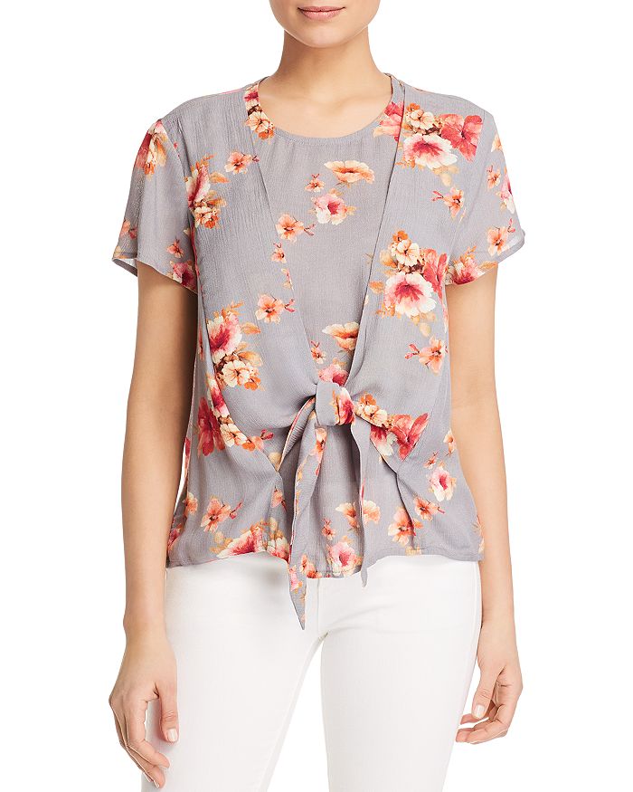 Tolani Tie-front Floral Blouse In Ice Petal