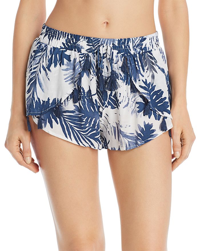 Surf Gypsy Denim Palm Leaf Print Surplice Swim CoverUp Shorts