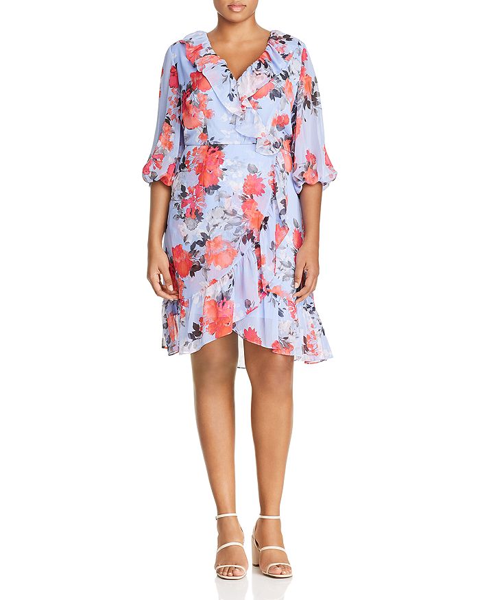 Adrianna Papell Plus Ruffled Floral Print Dress In Sky Blue Multi