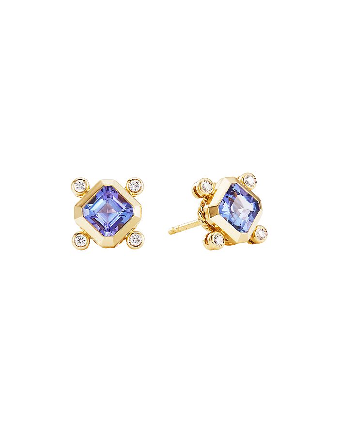 David Yurman 18k Yellow Gold Novella Stud Earrings With Tanzanite & Diamonds In Blue/gold