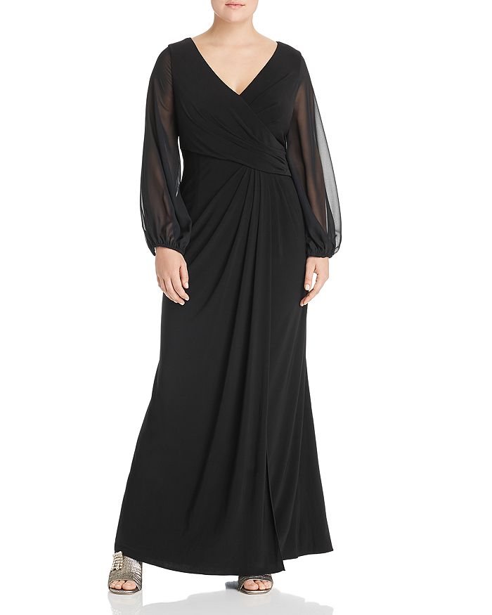 ADRIANNA PAPELL PLUS DRAPED SHEER-SLEEVE GOWN,AP1E205892